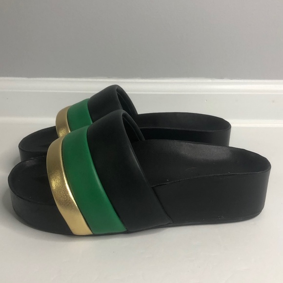 Sandro Black Green/Gold Striped Platform Slide on Sandals Size 37 - Picture 4 of 10